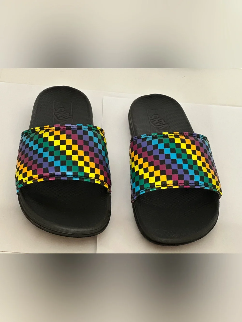 VANS | Cushy Black Slide Sandals with Rainbow Checkerboard Strap | Size 3 Y